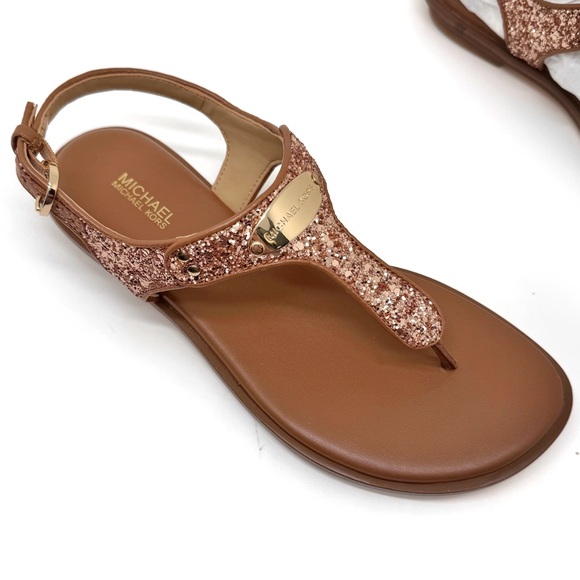 MICHAEL Michael Kors MK Plate Thong Sandals Chunky Glitter Rose Gold Size 7.5 - Picture 1 of 13